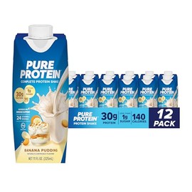 Pure Protein Complete Protein Shake, Banana Pudding, 30g High Protein Drink, Less than 1g Sugar, 3g Fiber, Ready to Drink, Non GMO, On-the-Go Shakes, 11oz Bottles, 12 Pack