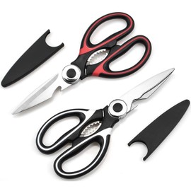 2 Pcs Kitchen Scissors, Heavy Duty Kitchen Scissors, Stainless Steel Kitchen Shear with Cover, Sharp Cooking Scissors for Meat Chicken Fish Nut Vegetable Herb, Bottle Opener (White & Red)