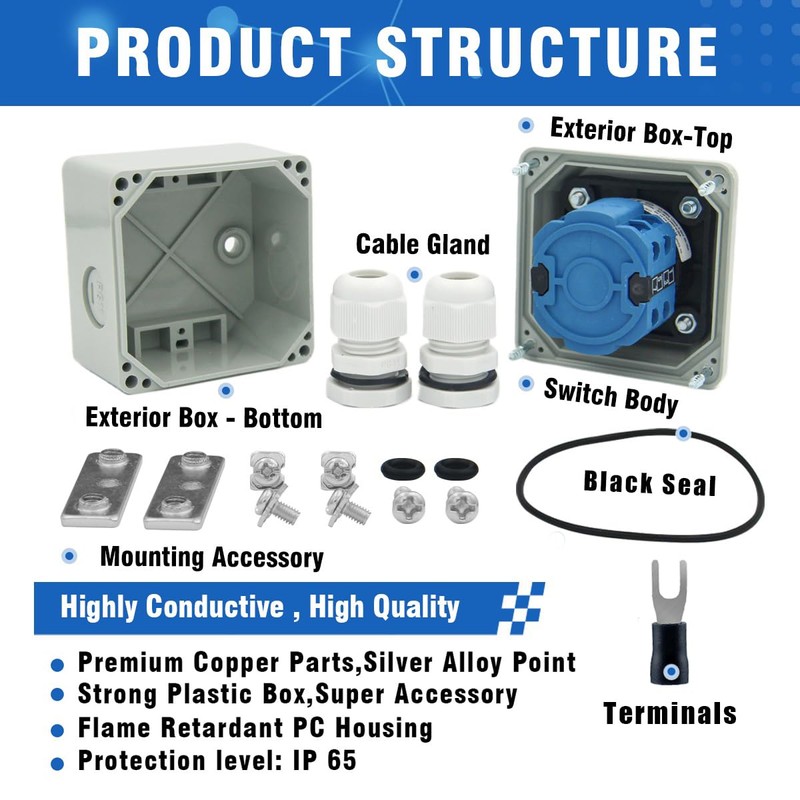 20A Rotary Changeover Switch with Exterior Box, ON-Off-ON 660V Latching