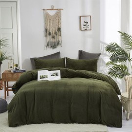 Houseri Velvet Olive Green Comforter Set King Fluffy Army Bedding Sets Size Men Dark Micromink Sherpa Women Blackish Flannel Fuzzy Blanket Warm King(90''*104''-Comforter)