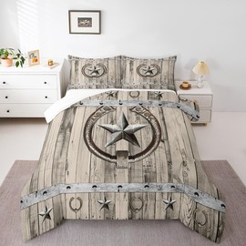 Western Texas Star Bedding Set King Rustic Farm Stars Horseshoe Comforter Set Vintage Country Grey Wooden Barn Door Comforter Gifts For Cowboys,Farmhouse Cabin Lodge Quilt Duvet 2 Pillow Cases