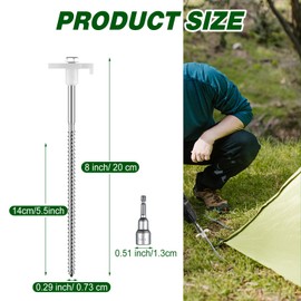 Tandefio 10 Pcs 8 Inch Tent Stakes Screw in Heavy Duty Metal Tent Stakes Screws Hex Pegs Drillable Tent Stakes Ground Anchor Peg Threaded Tent Spike with Hex Head Driver (Illuminant White)