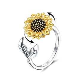 POPLYKE Sunflower Anxiety Spinner Rings Sunflower Gifts for Women Gold Plated Sterling Silver Sunflower Ring Ajustable