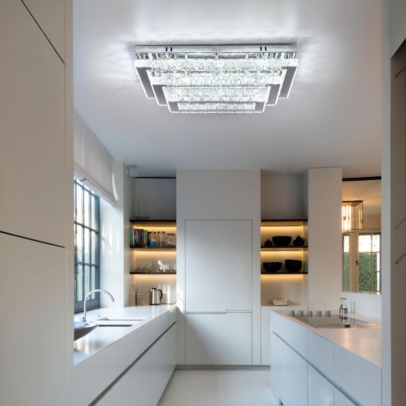 Finktonglan Modern Crystal LED Ceiling Light Fixture 20” Rectangular Flush