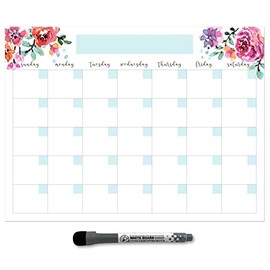 Dry Erase Monthly Calendar Planner Sticker Decal | Removable & Reusable | Magnetic Fine-Tip Marker Included (9 x 12 inches, Floral)
