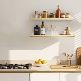 Gronda Floating Shelves for Wall with Ledge,White and Gold Picture Ledge Shelf Floating Shelves with Lip, 23.6 Inch Long Storage Shelves Wall Mounted for Bathroom Kitchen Bedroom Shelf Decor,Set of 2