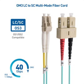 Cable Matters 10Gb OFNP Plenum Rated Multimode Duplex 50/125 OM3 Fiber Cable, LC to SC Fiber Optic Cable - 6.6ft / 2m
