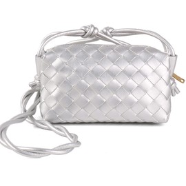 Woven Crossbody Bags For Women, Small Handmade Purse Clutch Shoulderbag Handbag, Zipper Closure (Silver)