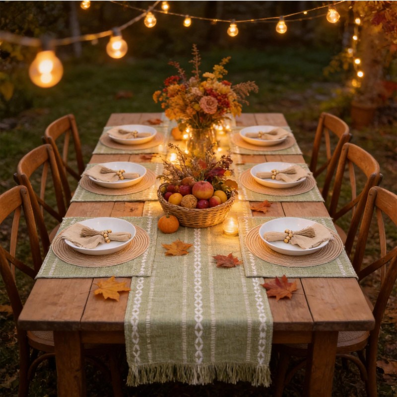 Boho Table Runner and Placemats Set of 6, Modern Farmhouse