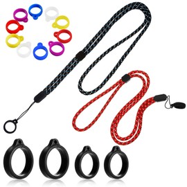 Chinco 16 Pcs Anti Lost Lanyard Set Include 2 Necklace Lanyards Safety Neck Strap with 14 Silicone Ring Soft Protective Ring(Blue, Red)