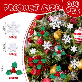 Wenqik 300 Pcs Mini Resin Snowflakes and Holly Leaves Berries for Christmas Craft Supplies, Glitter Tiny Snowflake Buttons with Berries Embellishments for Card Making, Xmas Holiday Party Supplies
