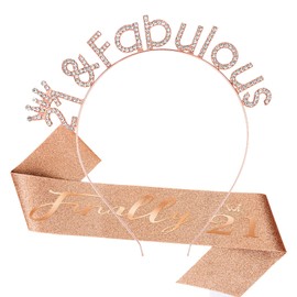 CAVETEE 21st Birthday Crown and Sash，Birthday Headband Rose Gold Princess Tiara Finally 21 Sash and Crown Happy Birthday Sash for 21st Birthday Decorations for Birthday Gifts (rose gold)