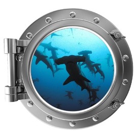 12" Porthole 3D Window Wall Sticker Shark #2 Silver Port Scape Decal Ocean Deep Blue Sea Fish Kids Room Decor Wall Art Removable Fabric Vinyl