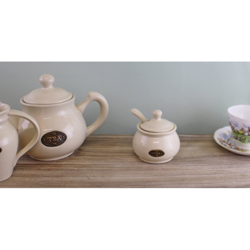 Country Cottage Cream Ceramic Sugar Bowl With Lid & Spoon