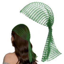 Hollow Chainmail Headpiece, 90cm Stretch Mesh Headwear with Rhinestone Look, Hair Jewellery for Women, Boho Gypsy Head Scarf Inspired Accessory, Green