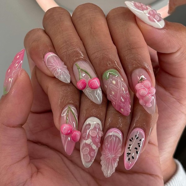3D Press on Nails Medium Almond with Pink Strawberry Design,