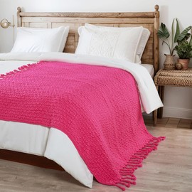 Home Soft Things Basket Weave Throw Blanket, Soft Cozy Warm Blanket with Braided Decorative Throw for Couch Sofa Outdoor Indoor, Hot Pink, 50''x60