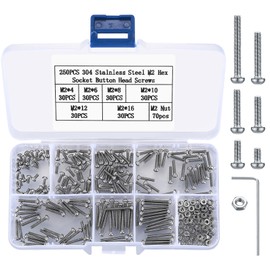 M2 Button Head Hex Socket Screws with Nuts and Washers Assortment Set, Stainless Steel Hexagon Head Screws and Nuts, Machine Screws, Threaded Screws, Stainless Steel Screws