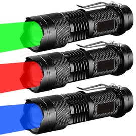 MODOAO 3-Pack Red Green Blue LED Torch Extremely Bright 3 Light Modes Zoomable Mini Torch with Long Running Time Waterproof Clip Flashlight for Outdoor Camping, Hiking, Fishing, Emergency