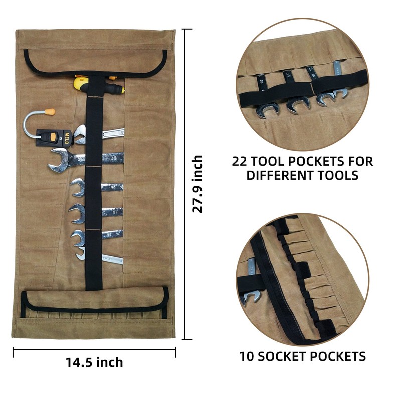 MELOTOUGH 32 Pockets Waxed Canvas Tool Roll Up Pouch Wrench