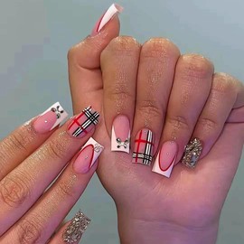 MERVF Square Press ons Nails Medium Fake Nail White French Tip Glue on Gold Glitter Acrylic Nail 3D Bow Squoval Lines Checkered Manicure Supplies Art 24pcs Glossy