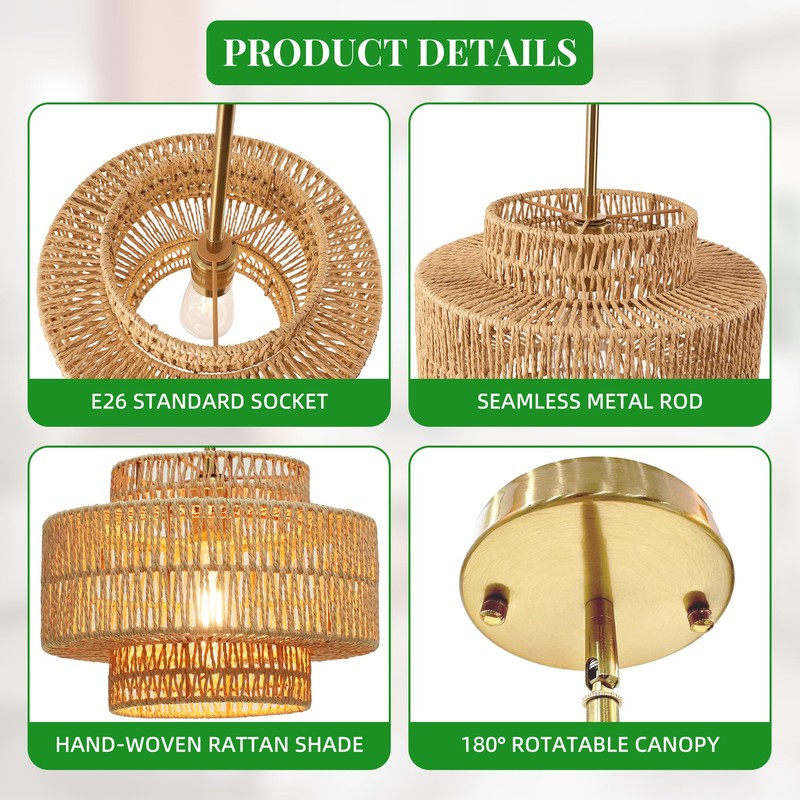 Phaosio 12.4" Boho Rattan Chandelier Hand Woven Rattan Pendant Light