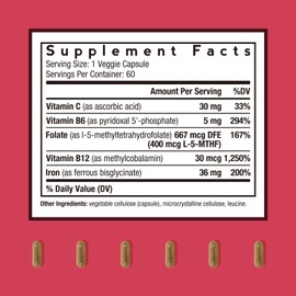 Doctor's Recipes Iron Supplement, Iron Bisglycinate with Vitamin C, B6, Folate & B12, Non-Constipating, Stomach Friendly, Gentle Iron Pills, 60 Vegan Caps
