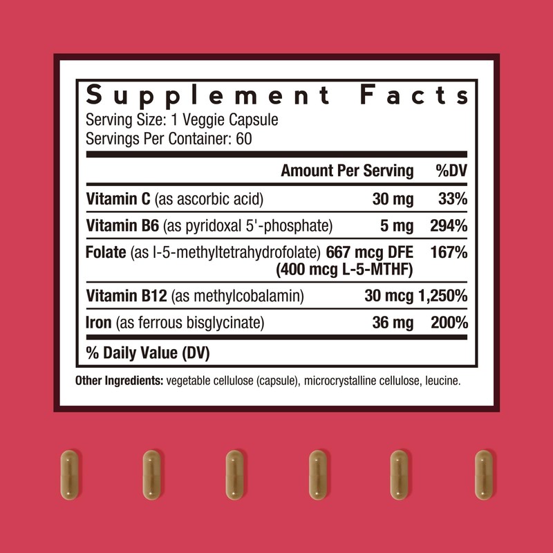 Doctor's Recipes Iron Supplement, Iron Bisglycinate with Vitamin C, B6,