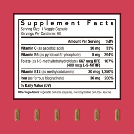 Doctor's Recipes Iron Supplement, Iron Bisglycinate with Vitamin C, B6, Folate & B12, Non-Constipating, Stomach Friendly, Gentle Iron Pills, 60 Vegan Caps