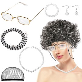 Old Lady Wig, Grandma Wigs Costume Kit Included Glasses and Other Accessories Elegant Granny Delicate Old Woman Cosplay for Cosplay (Style 3)