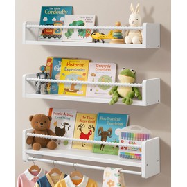 Maxpeuvon 23 Inch Kids Bookshelves Set of 3, Natural Wooden Floating Shelves Wall Mount Storage Organizer Shelf with Towel Bar Hanging Bookshelf for Kid Room Bedroom Living Room Decor, White