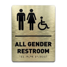 All Gender Restroom Identification Sign - Wheelchair Accessible, ADA Compliant Bathroom Sign, Raised Icons, Raised Braille, Brushed Gold, TCO Inspection Certified (6"W x 8"H) - by GDS