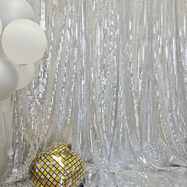 JYFLZQ Silver Disco Sequin Backdrop Curtain for Parties 4.5 x 8 ft 1 Panel 70s 80s Mirror Foil Background Glitter Sparkly Photography Photo Booth Backdrop for Birthdy Bachelorette Party Decorations