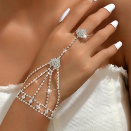 JWICOS Rhinestone Bracelet with Slave Finger Ring Hand Chain Bracelet Ring Rhinestone Tassel Hand Chain for Women and Bride (Style 11)