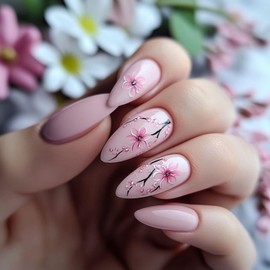 Pink Press on Nails Medium Length Almond Fake Nails Peach Blossom Stick on Nails Glossy Glue on Nails Full Cover Acrylic False Nails Flower Artificial Nails Reusable Nails Kit for Women Girls 24Pcs