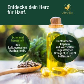 HANFSAMEN ÖL + Vitamin E - Idealverhältnis (3:1) an Omega 6 und Omega 3, plus Omega 9 - Für Herz, Gefäße und Zellschutz (60 Kapseln)
