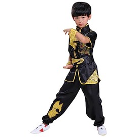Boys Girls Kung Fu Master Tai Chi Dragon Chinese Uniform Top Shirt Pants Set Outfit (Black, 12-14 Years)