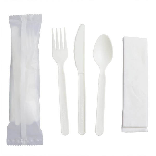 GreenWorks 7" Heavyduty Compostable Cutlery Kits, 800 Pieces = 200 Sets (Fork, Spoon,Knife,Napkin 4 in 1) Individually Wrapped With Compostable Bags，Alternative to Plastic Disposable Utensils