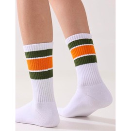 Fszsaa 3Pairs Fun Novelty Socks For Women Striped Retro Crew Socks Sporty Calf Socks Casual Cotton Cushioned Socks Women