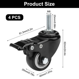Pack of 4 Swivel Castors with Brake, 40 mm Furniture Castors, Wheels with Thread M8 x 25 mm, 360° Rotation Furniture Castors, Black, Swivel Castors for Furniture, Heavy Duty Castors, for Transport