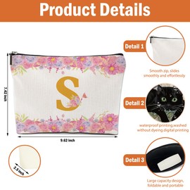 Alphabet Floral Butterfly Initial Makeup Bag, Cosmetic Bags with Zipper, Washable Monogram Roomy Toiletry Pouch, Portable Travel Make Up Brush Skincare Organizer, Rose Gifts for Women, Letter S