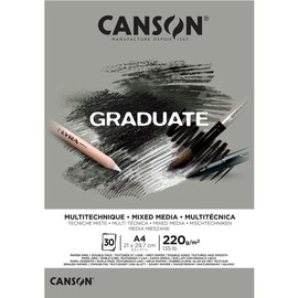 CANSON Graduate Mixed Media 200gsm A4 Paper, Double Sided: Grained And Smooth, Pad Glued Short Side, 30 Grey Sheets, Ideal for Student Artists