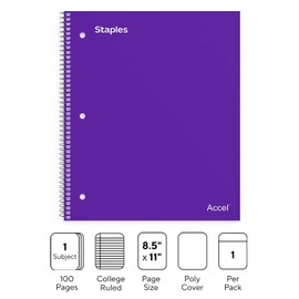 Staples Premium 1-Subject Notebook, 8.5-inch x 11-inch, College Ruled, 100 Sheets, Purple, 3/Pack (ST20954DVS)