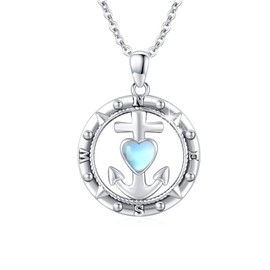 CRWENG Compass Pendant 925 Sterling Silver Anchor Necklace Heart Shaped Moonstone Nautical Jewelry Necklace for Women Anniversary Christmas Valentine's Day Birthday Gift