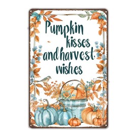 Pumpkin Kisses and Harvest Wishes Metal Tin Sign Fall Decorations for Home Kitchen Farmhouse Porch Thanksgiving Party Wall Decor 8x12 inch