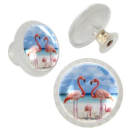 FVQL Transparent Cabinet Knobs Set of 4, Round, Clear, Drawer Pulls with Screws, Tropical Beach Animal Bird Flamingo