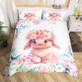 Feelyou Cute Rabbit Bedding Set Twin Size Kids Cartoon Bunny Animal Comforter Cover Set for Boys Girls Teens Flower Floral Print Duvet Cover Farm Zoo Garden Theme Bedspread Cover (No Comforter)