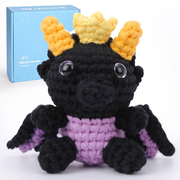 CrochetBox Crochet Kit for Beginners Adults, Halloween Black Dragon Starter