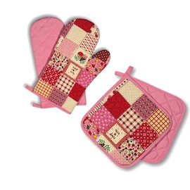 Delindo Lifestyle® Oven Gloves for Kitchen, Patchwork, Pink, 1 Pair, PSA Category II, Heat Resistant up to 250 °C, Tested and Certified Product in Germany