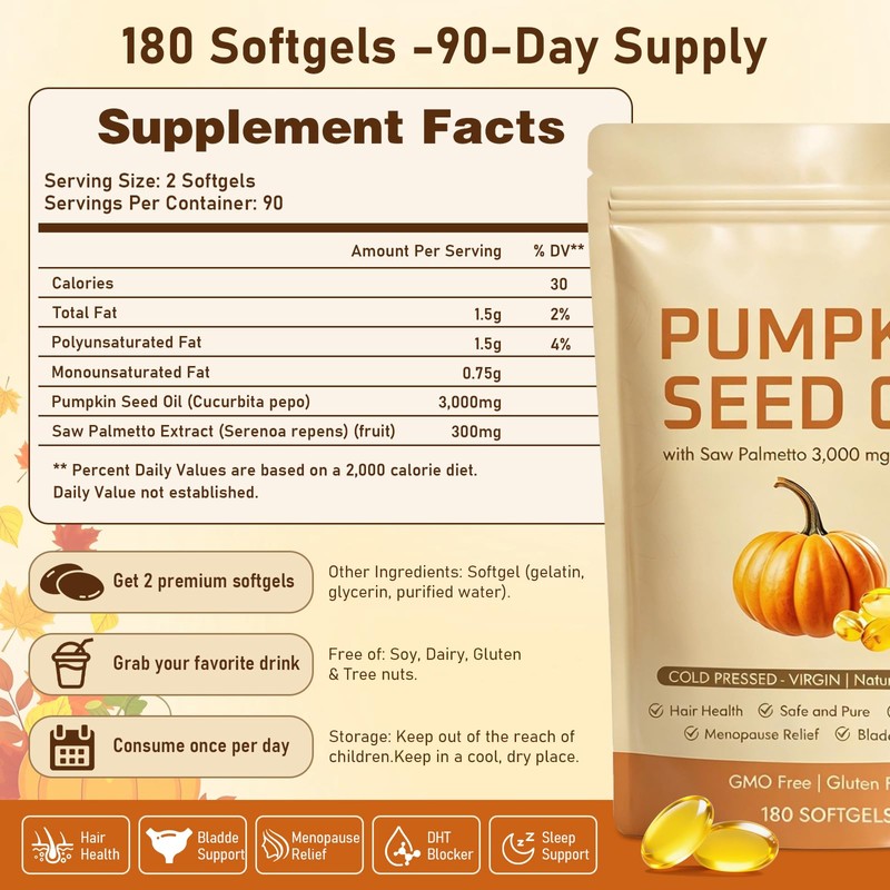 Pumpkin Seed Oil with Saw Palmetto,Daily Wellness Support, 180 Softgels